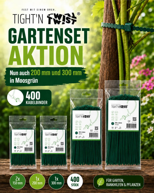 Gartenset Moosgrün – 400 Kabelbinder werkzeugfrei & UV-beständig