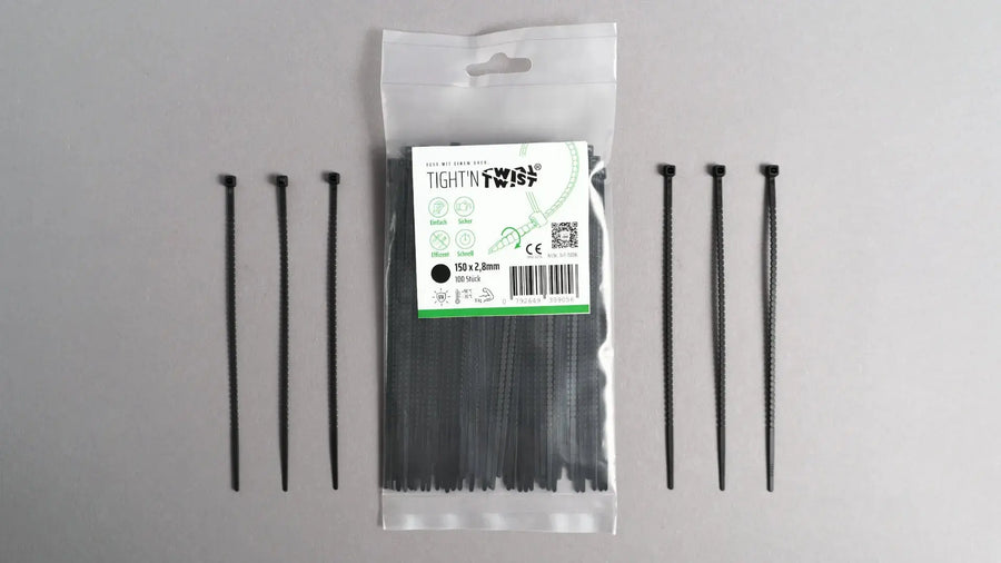 Kabelbinder 150mm schwarz werkzeugfrei - einfach abdrehen, kein Cuttermesser nötig, UV-beständig